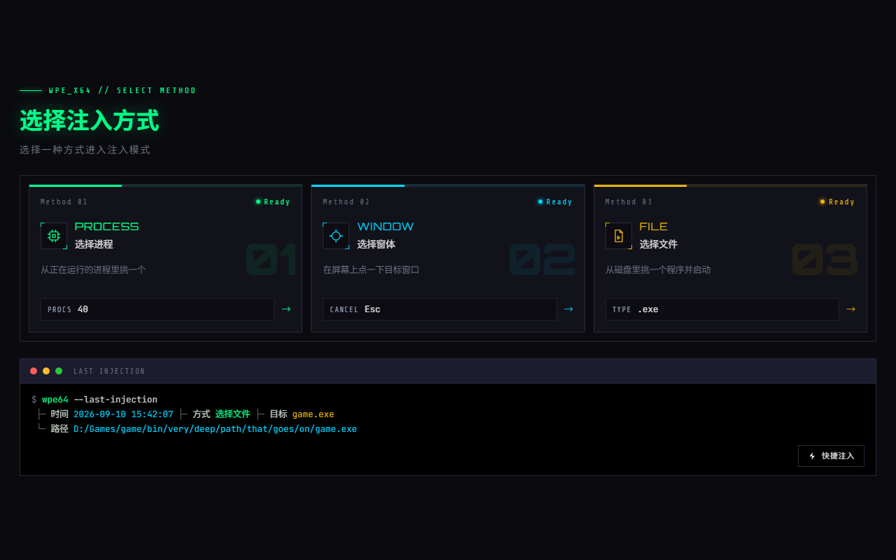 WPE x64 选择注入方式:选择进程 / 选择窗体 / 选择文件 三张卡片与上次注入记录