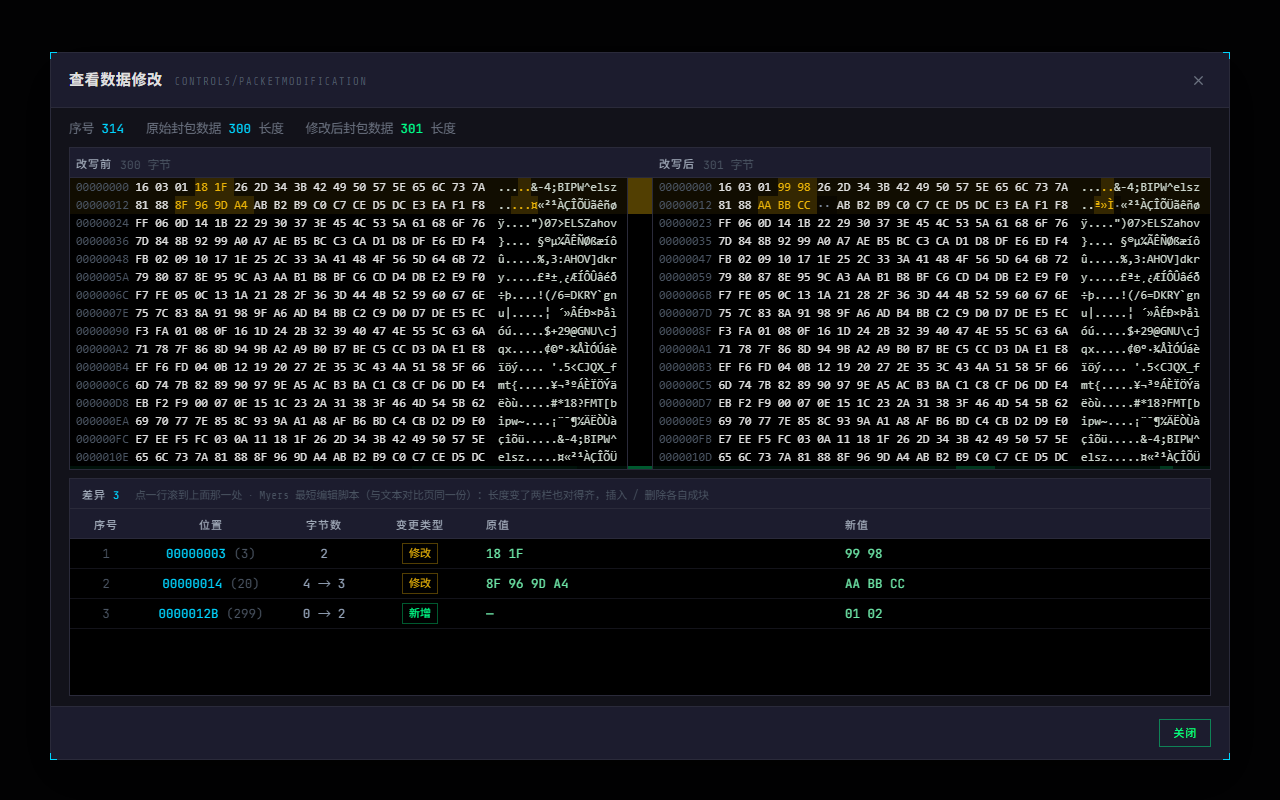 WPE x64 查看数据修改:改写前 / 改写后并排视图与差异表