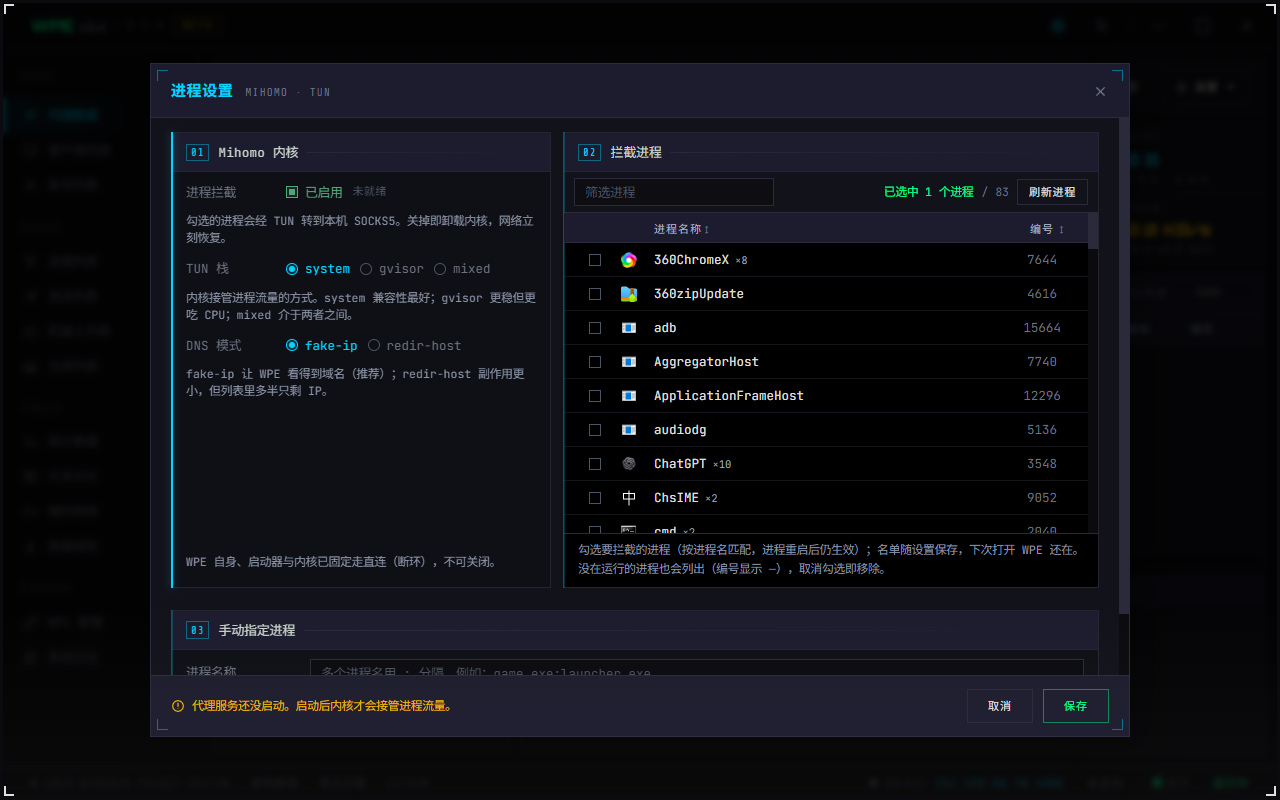 WPE x64 2.5 进程设置:mihomo 内核、TUN 与进程选择